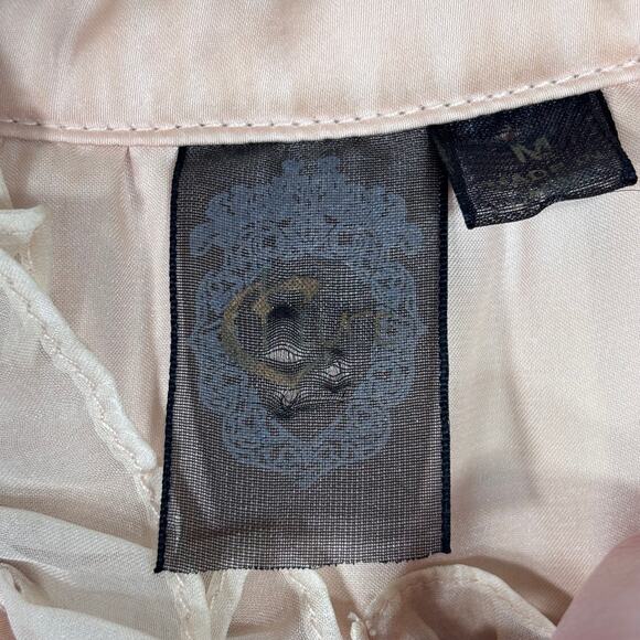 Forever 21 Blouse Medium Tan Satin Ruffle Tuxedo Bib Neutral Siren Quiet Glam - Picture 8 of 13